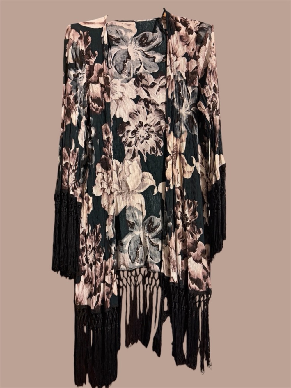 Floral Fringe Cardigan - Black & Green